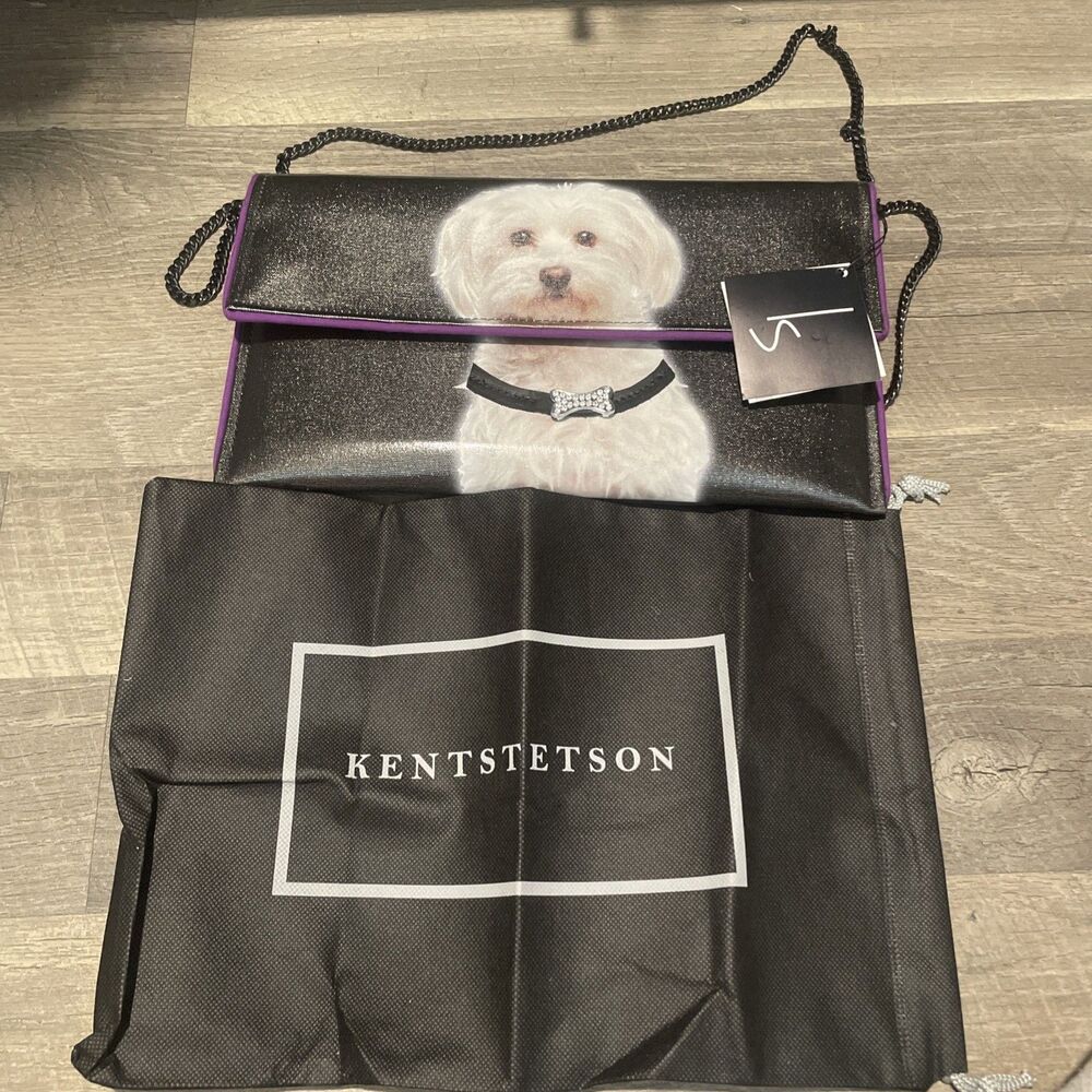 NWT Kent Stetson Maltese Dog Clutch Handbag – Includes Chain & Dust Bag